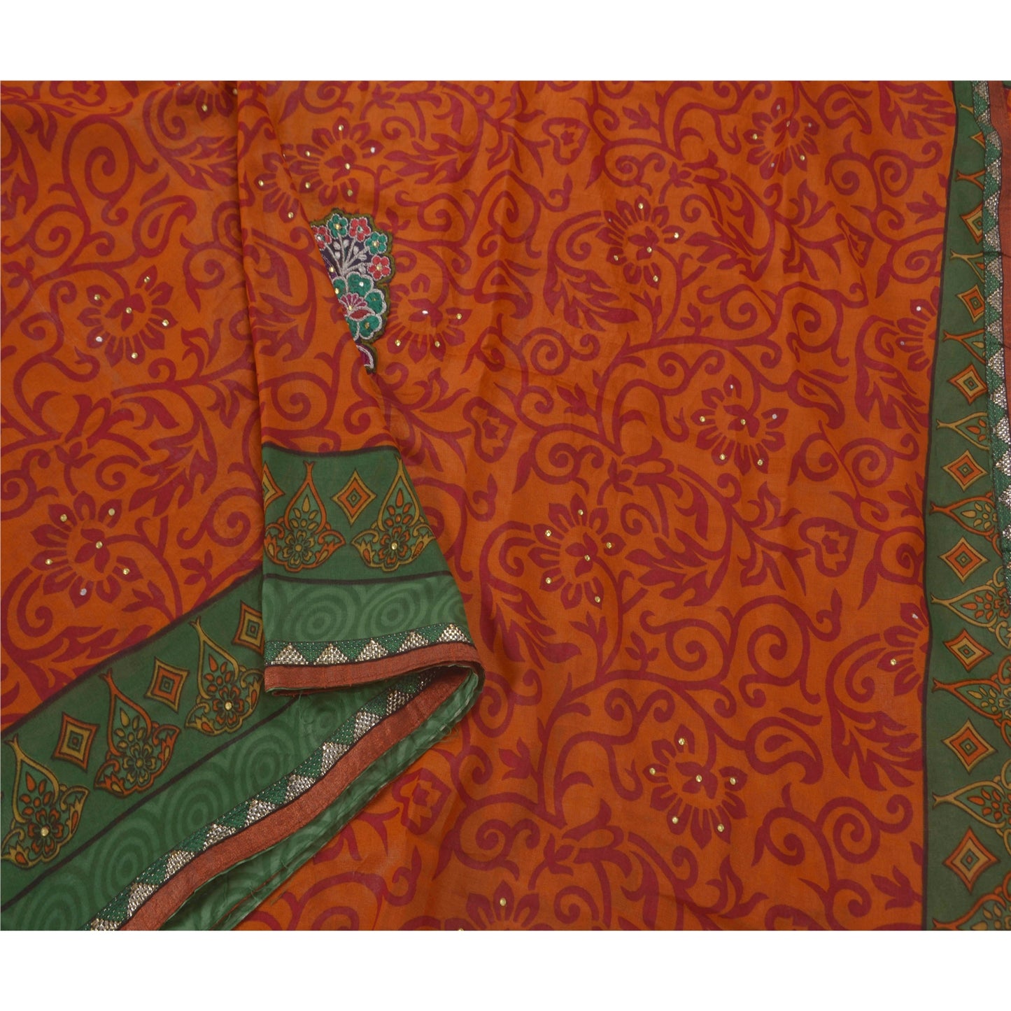 Sanskriti Vintage Orange Sarees Blend Georgette Hand Beaded Fabric Craft Sari
