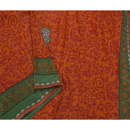 Sanskriti Vintage Orange Sarees Blend Georgette Hand Beaded Fabric Craft Sari