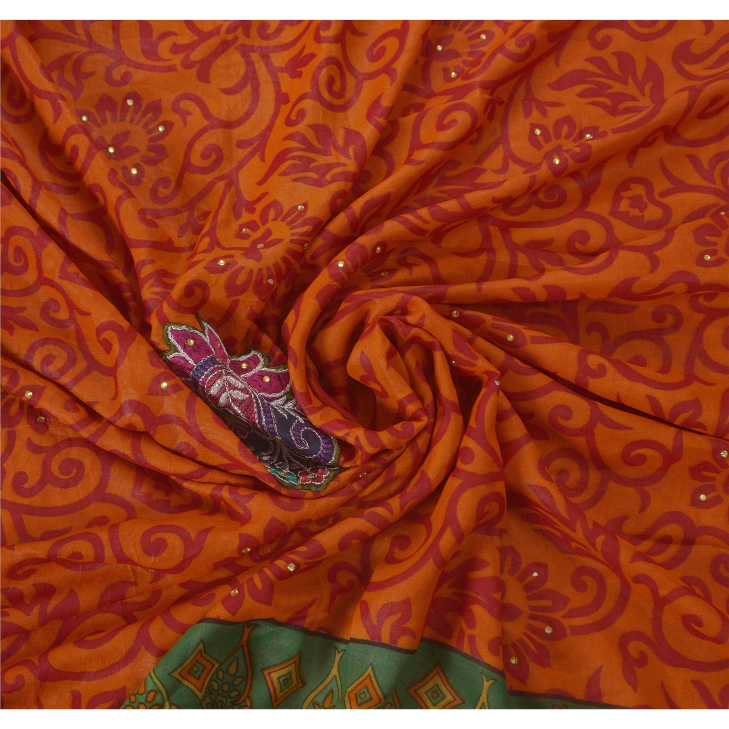 Sanskriti Vintage Orange Sarees Blend Georgette Hand Beaded Fabric Craft Sari