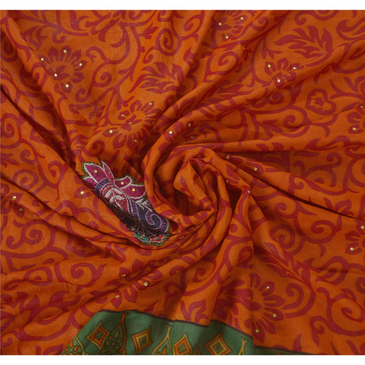Sanskriti Vintage Orange Sarees Blend Georgette Hand Beaded Fabric Craft Sari