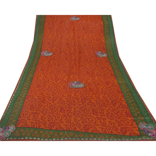 Sanskriti Vintage Orange Sarees Blend Georgette Hand Beaded Fabric Craft Sari