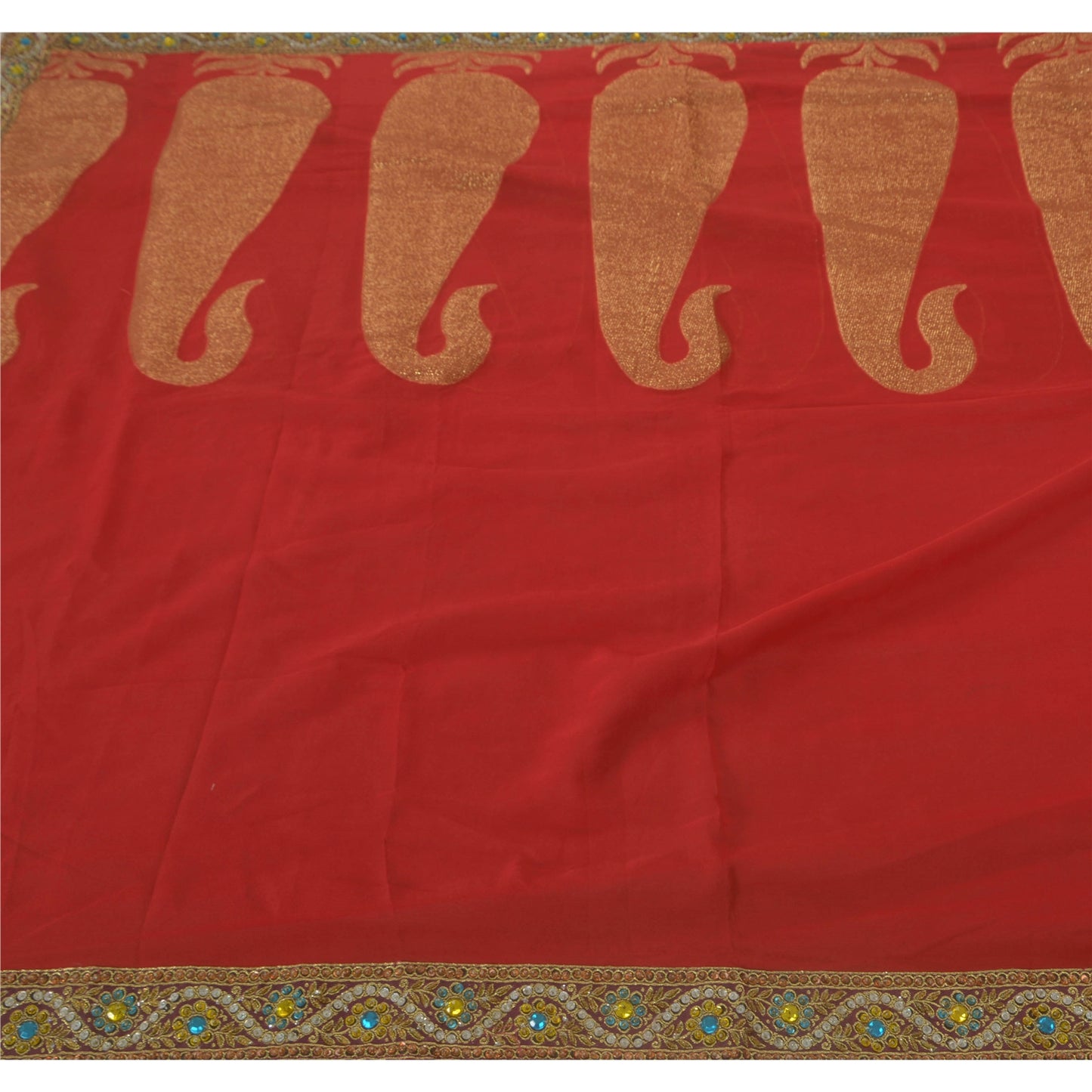 Sanskrit Vintage Red Saree Blend Georgette Hand Beaded Woven Fabric Ethnic Sari