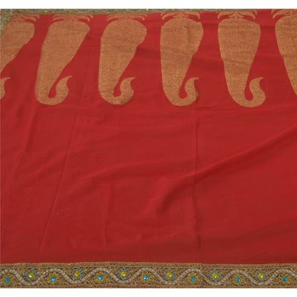 Sanskrit Vintage Red Saree Blend Georgette Hand Beaded Woven Fabric Ethnic Sari