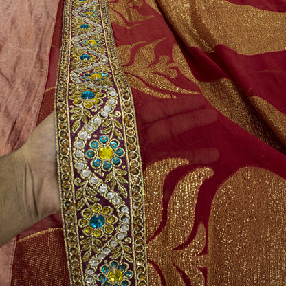 Sanskrit Vintage Hand Beaded Woven Blend Georgette Saree Red Sari Craft Fabric