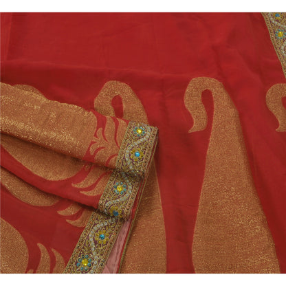 Sanskrit Vintage Red Saree Blend Georgette Hand Beaded Woven Fabric Ethnic Sari