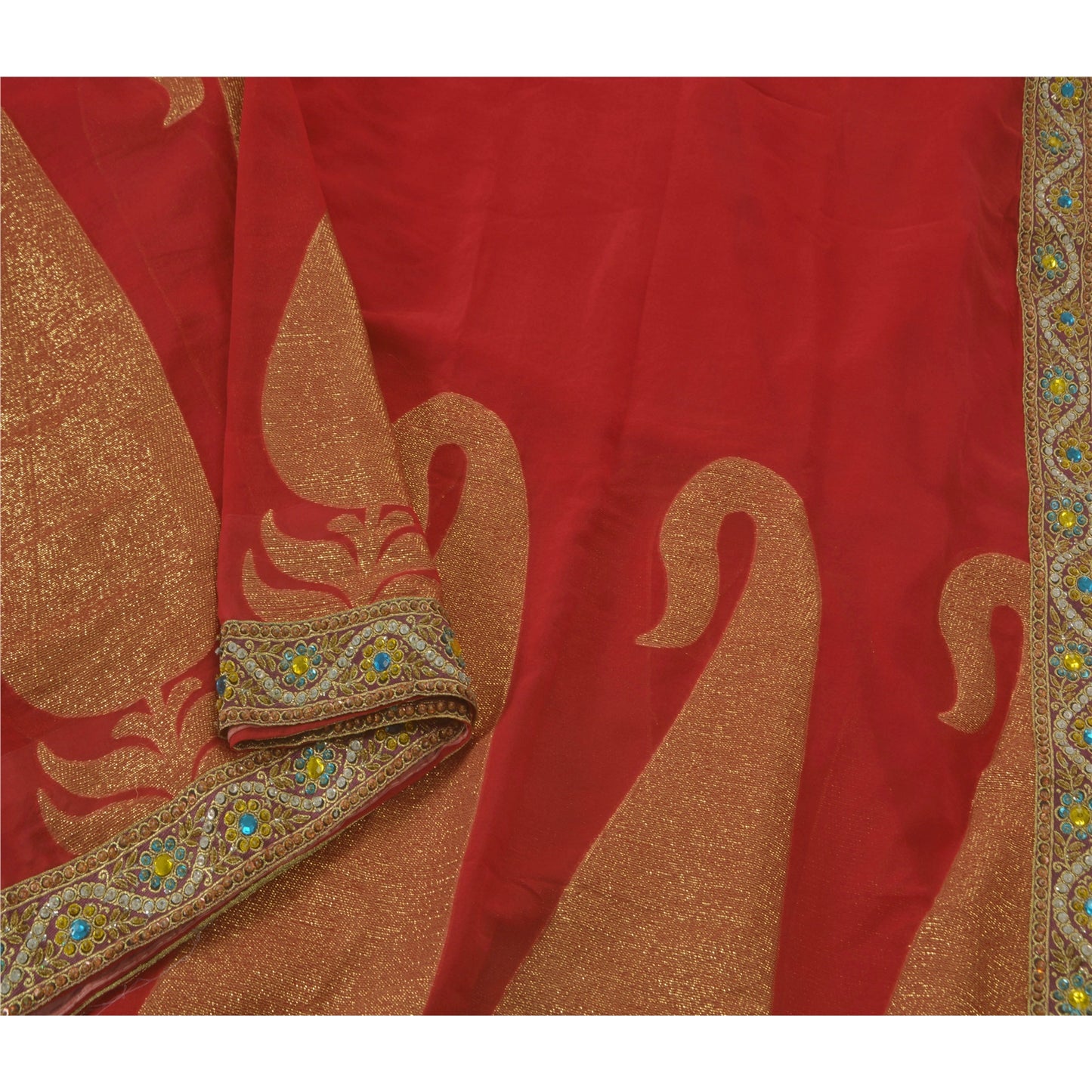 Sanskrit Vintage Red Saree Blend Georgette Hand Beaded Woven Fabric Ethnic Sari