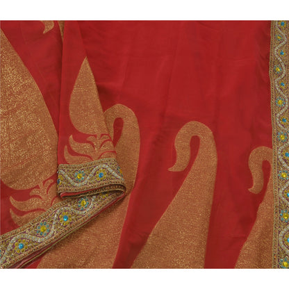 Sanskrit Vintage Red Saree Blend Georgette Hand Beaded Woven Fabric Ethnic Sari