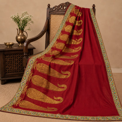 Sanskrit Vintage Hand Beaded Woven Blend Georgette Saree Red Sari Craft Fabric