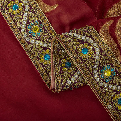 Sanskrit Vintage Hand Beaded Woven Blend Georgette Saree Red Sari Craft Fabric