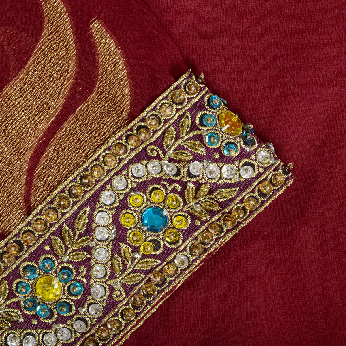 Sanskrit Vintage Hand Beaded Woven Blend Georgette Saree Red Sari Craft Fabric