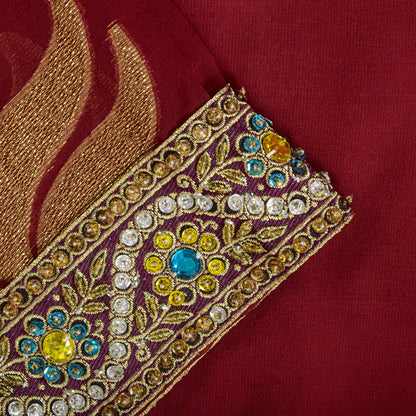 Sanskrit Vintage Hand Beaded Woven Blend Georgette Saree Red Sari Craft Fabric