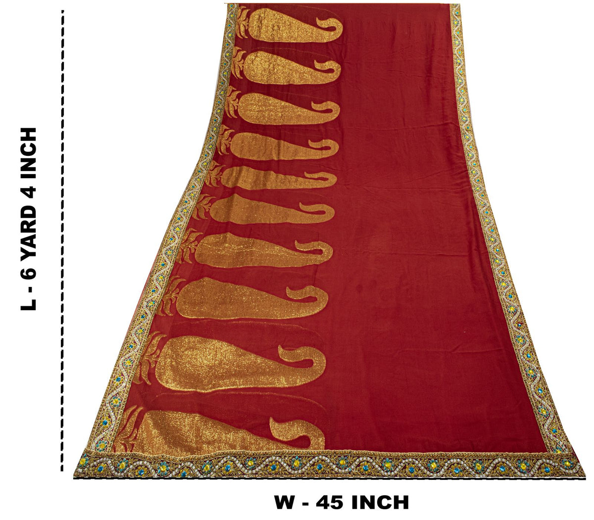 Sanskrit Vintage Hand Beaded Woven Blend Georgette Saree Red Sari Craft Fabric