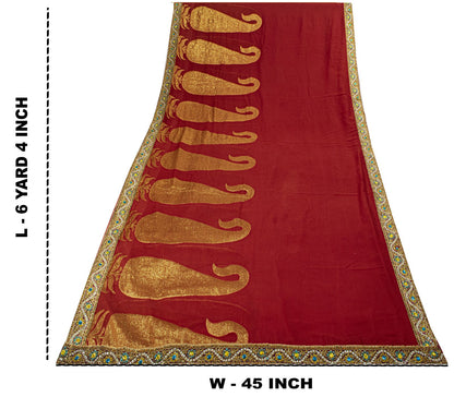Sanskrit Vintage Hand Beaded Woven Blend Georgette Saree Red Sari Craft Fabric