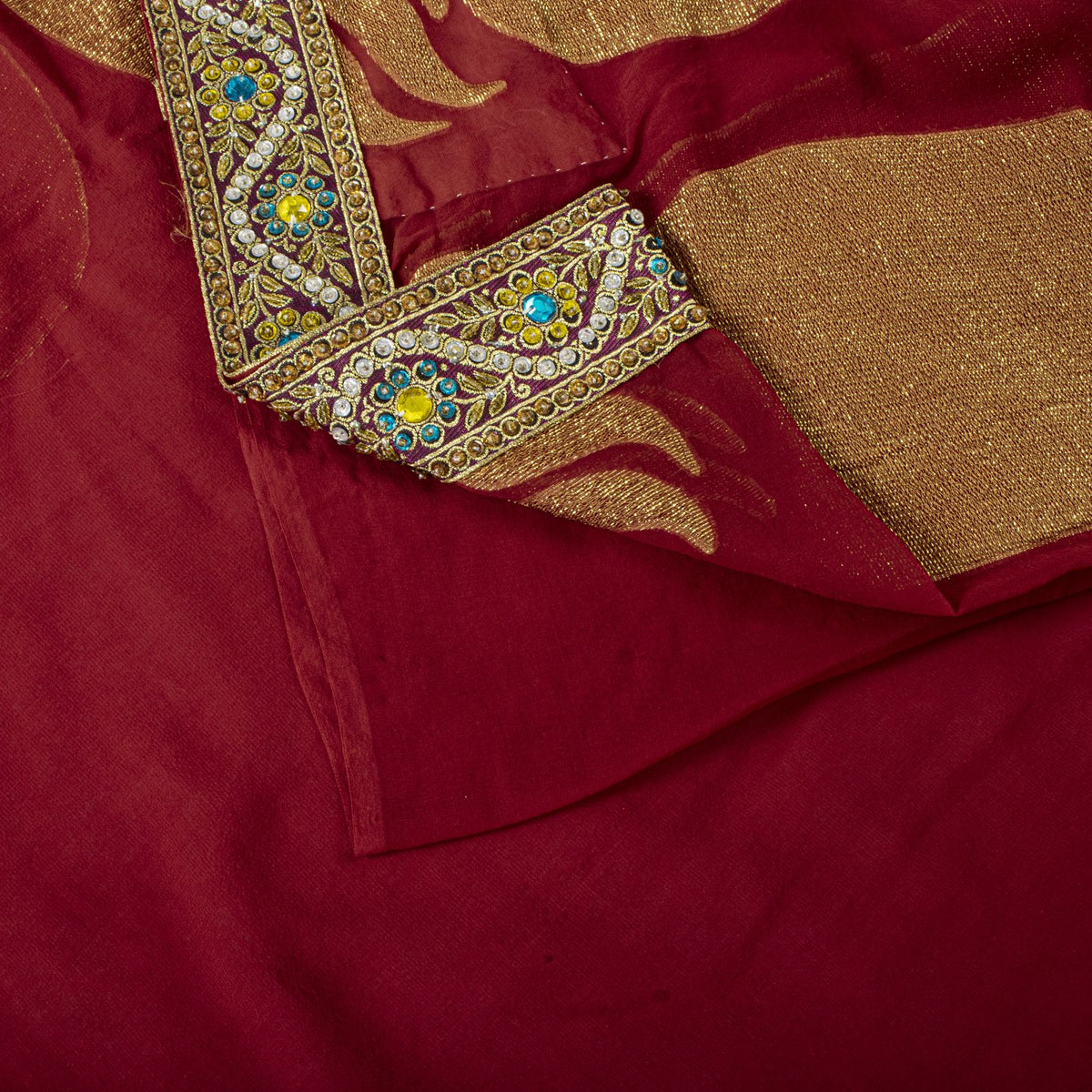 Sanskrit Vintage Hand Beaded Woven Blend Georgette Saree Red Sari Craft Fabric