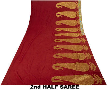Sanskrit Vintage Hand Beaded Woven Blend Georgette Saree Red Sari Craft Fabric