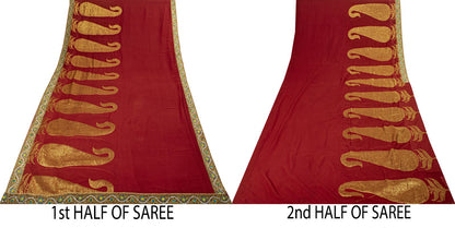 Sanskrit Vintage Hand Beaded Woven Blend Georgette Saree Red Sari Craft Fabric