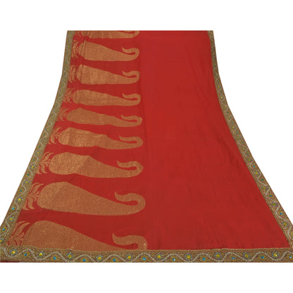 Sanskrit Vintage Red Saree Blend Georgette Hand Beaded Woven Fabric Ethnic Sari