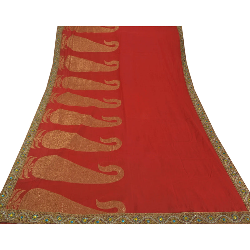 Sanskrit Vintage Red Saree Blend Georgette Hand Beaded Woven Fabric Ethnic Sari