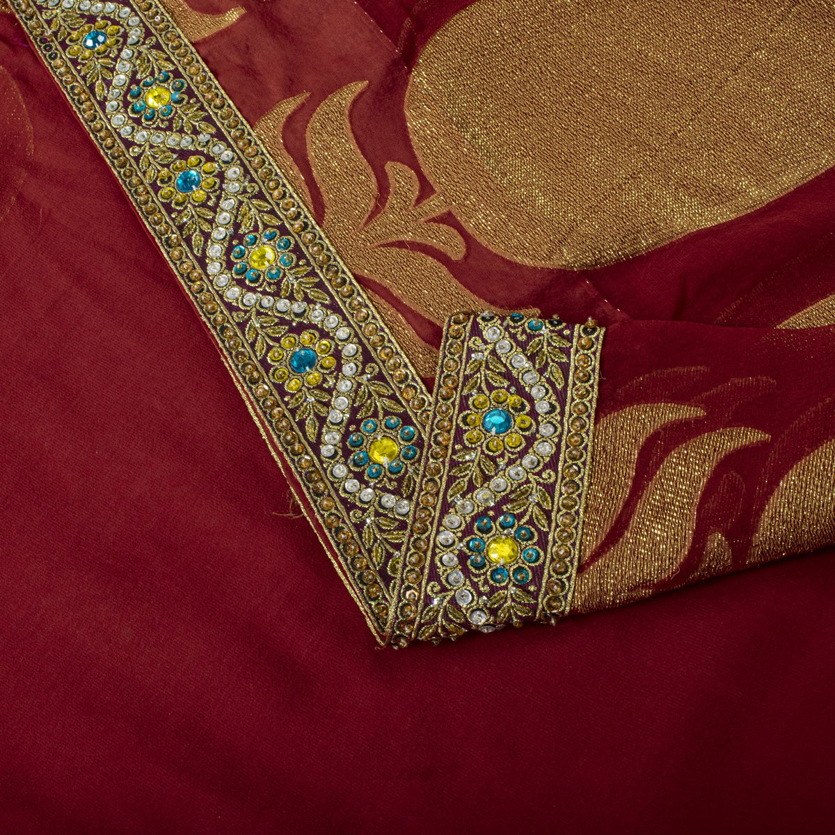 Sanskrit Vintage Hand Beaded Woven Blend Georgette Saree Red Sari Craft Fabric