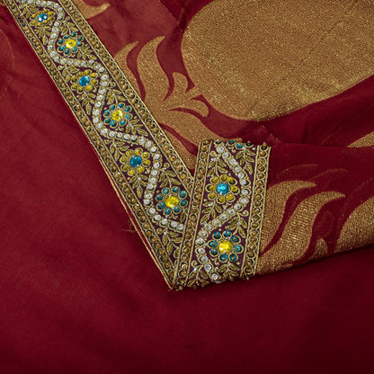 Sanskrit Vintage Hand Beaded Woven Blend Georgette Saree Red Sari Craft Fabric