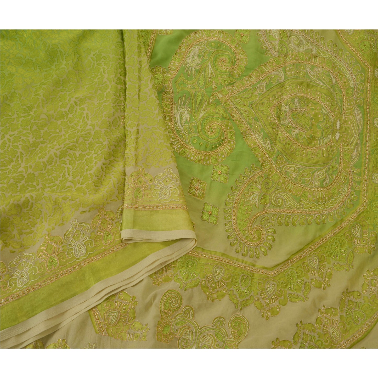 Sanskriti Vintage Green Sarees Art Silk Hand Beaded Craft Fabric Cultural Sari