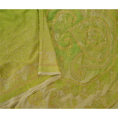 Sanskriti Vintage Green Sarees Art Silk Hand Beaded Craft Fabric Cultural Sari