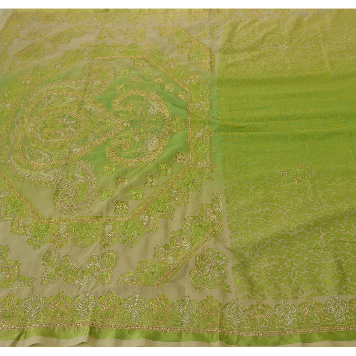 Sanskriti Vintage Green Sarees Art Silk Hand Beaded Craft Fabric Cultural Sari