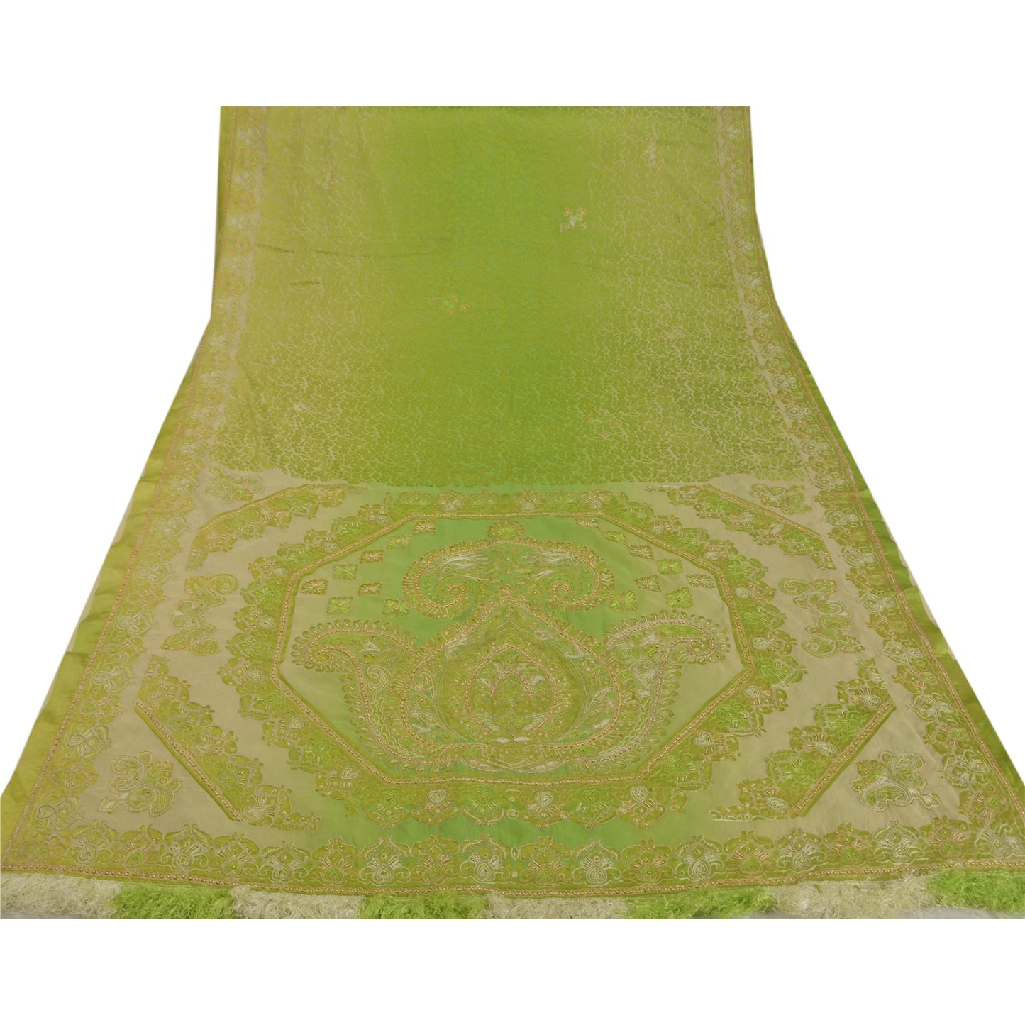 Sanskriti Vintage Green Sarees Art Silk Hand Beaded Craft Fabric Cultural Sari