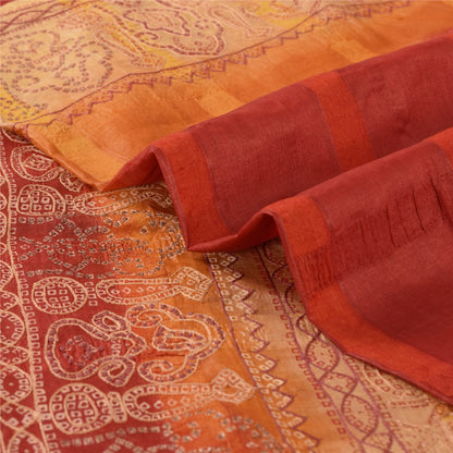 Sanskriti Vintage Red & Cream Sarees Pure Silk Hand Made Bandhani Fabric 5ydSari