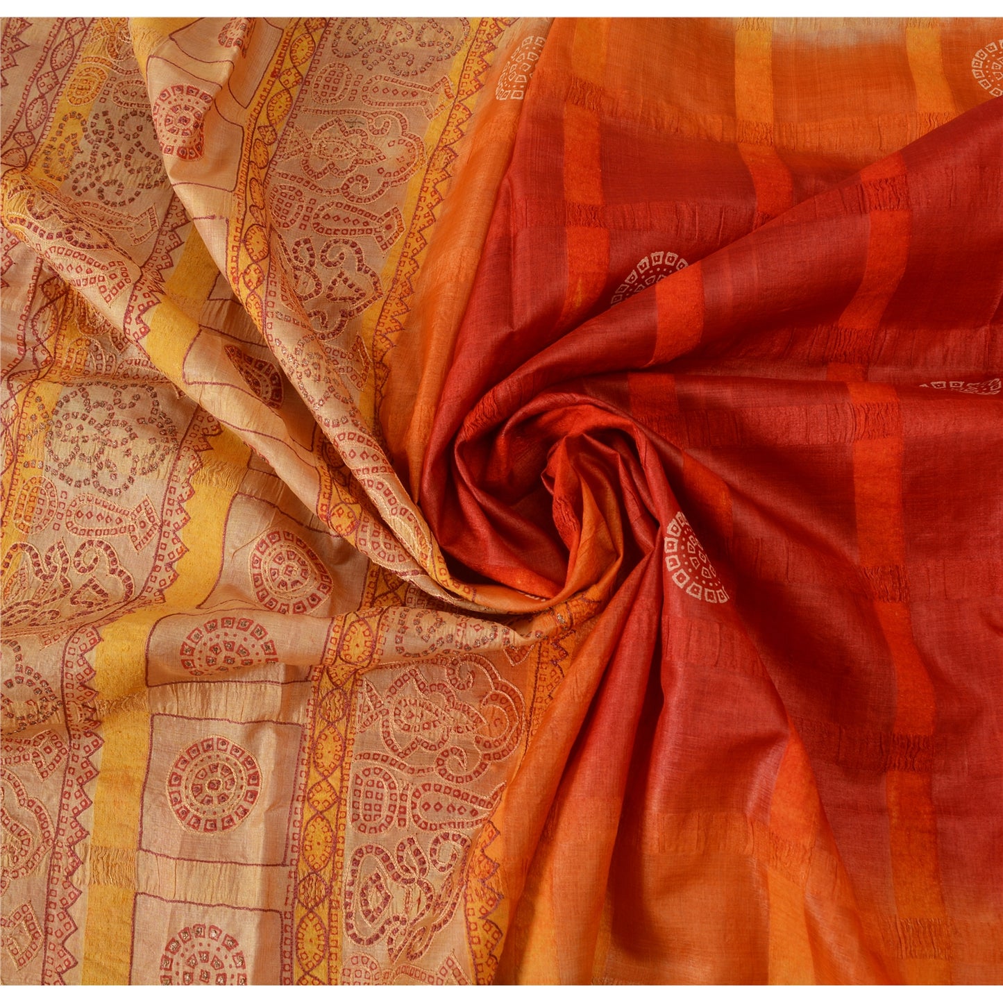 Sanskriti Vintage Red & Cream Sarees Pure Silk Hand Made Bandhani Fabric 5ydSari