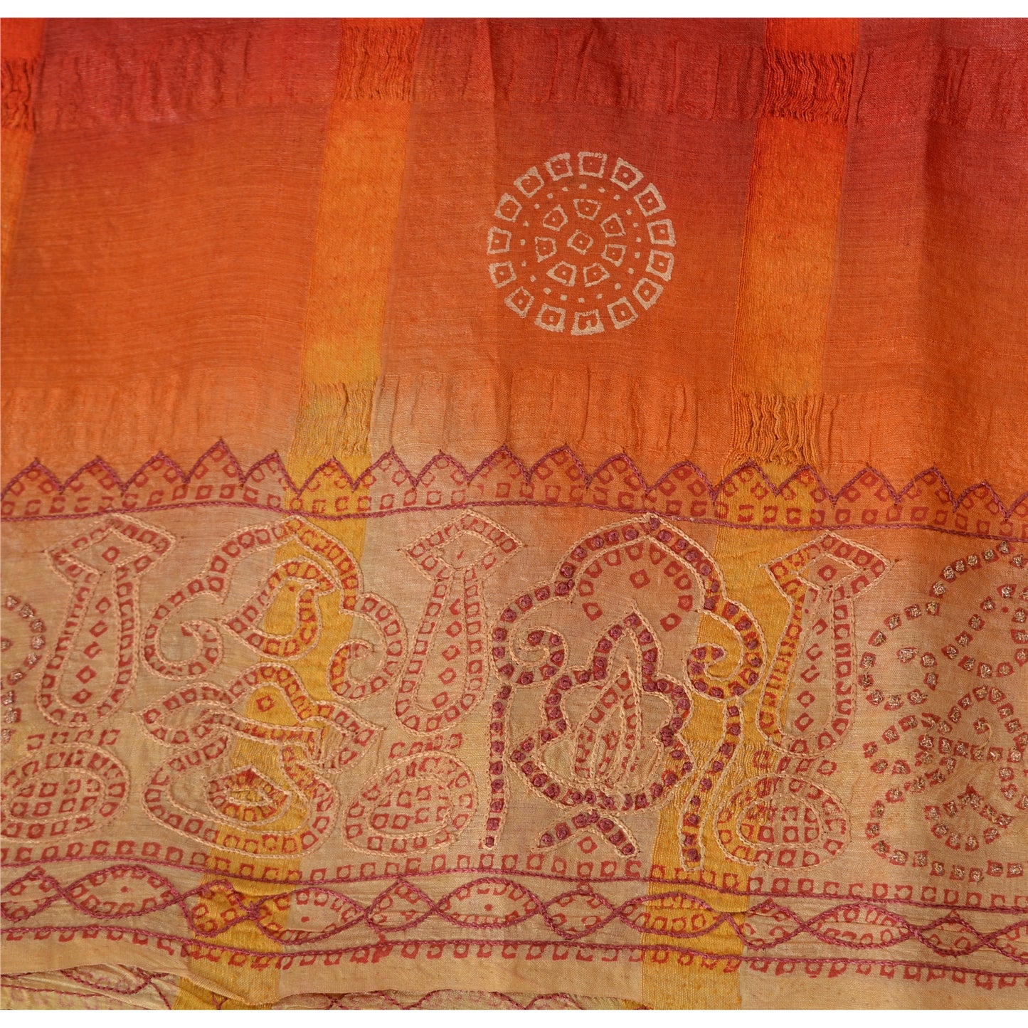 Sanskriti Vintage Red & Cream Sarees Pure Silk Hand Made Bandhani Fabric 5ydSari