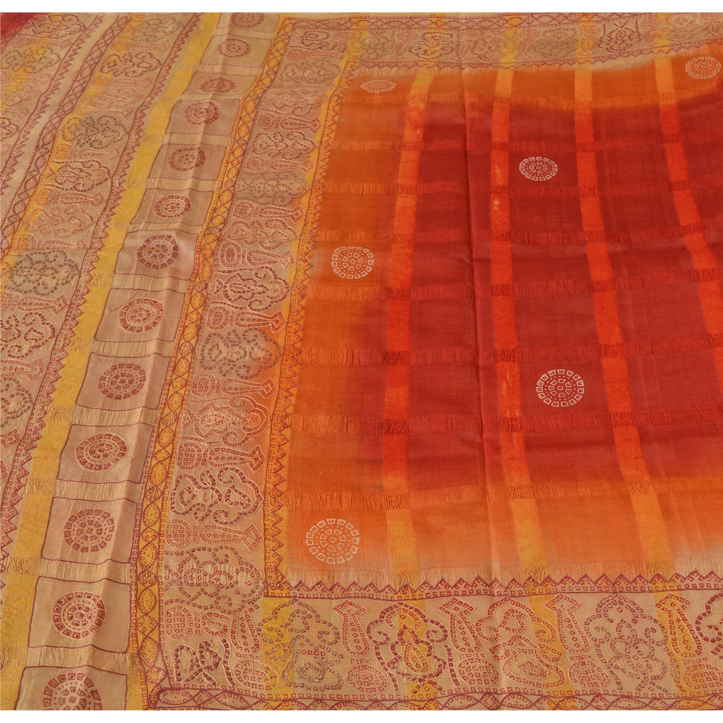 Sanskriti Vintage Red & Cream Sarees Pure Silk Hand Made Bandhani Fabric 5ydSari