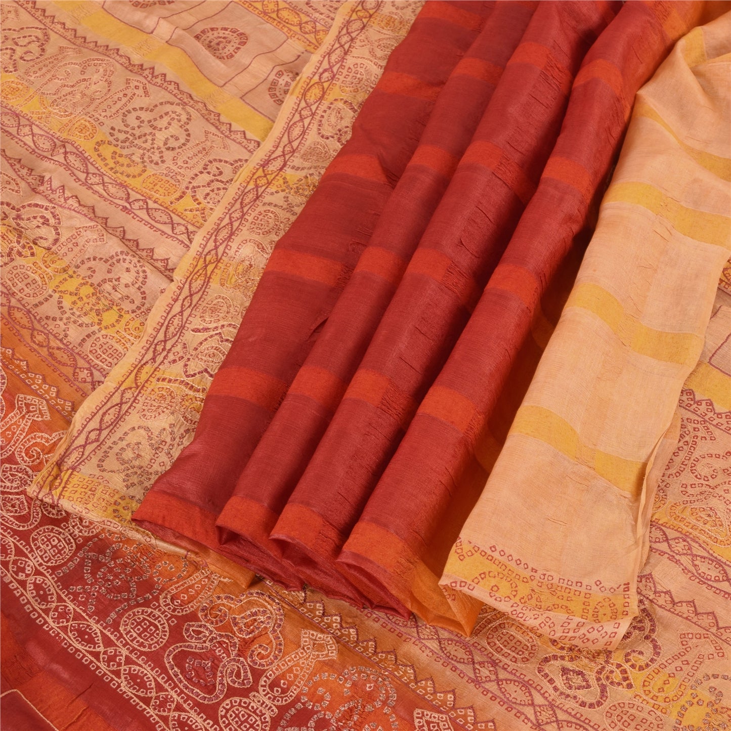 Sanskriti Vintage Red & Cream Sarees Pure Silk Hand Made Bandhani Fabric 5ydSari