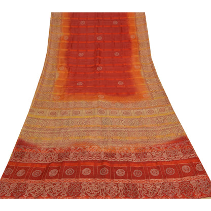 Sanskriti Vintage Red & Cream Sarees Pure Silk Hand Made Bandhani Fabric 5ydSari