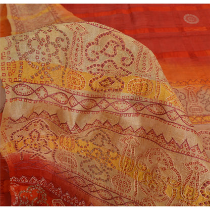 Sanskriti Vintage Red & Cream Sarees Pure Silk Hand Made Bandhani Fabric 5ydSari