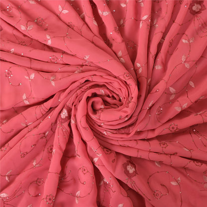 Sanskriti Vintage Pink Sarees Georgette Hand Embroidered 6yrd Craft Fabric Sari