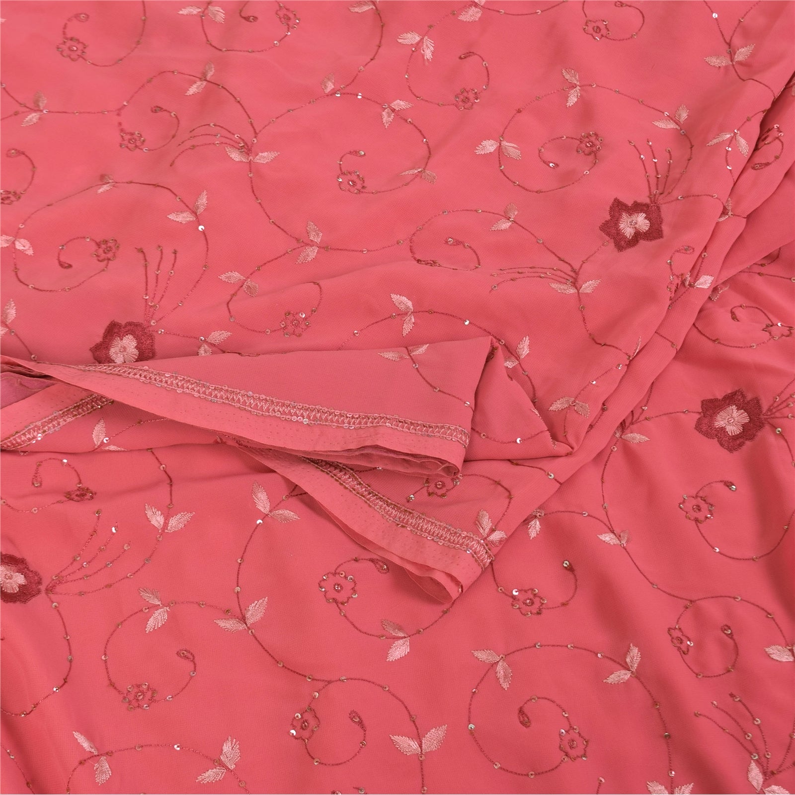 Sanskriti Vintage Pink Sarees Georgette Hand Embroidered 6yrd Craft Fabric Sari
