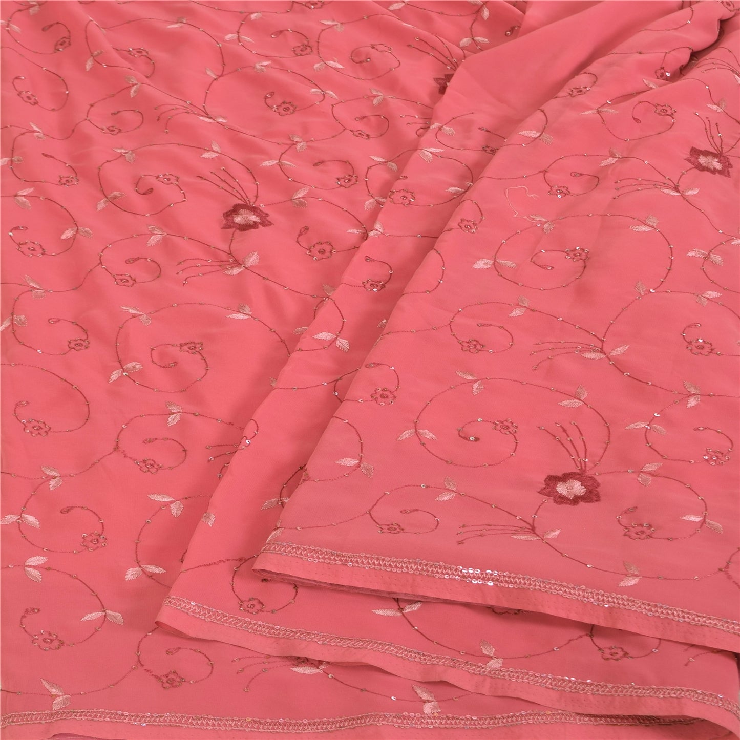 Sanskriti Vintage Pink Sarees Georgette Hand Embroidered 6yrd Craft Fabric Sari