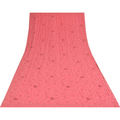 Sanskriti Vintage Pink Sarees Georgette Hand Embroidered 6yrd Craft Fabric Sari