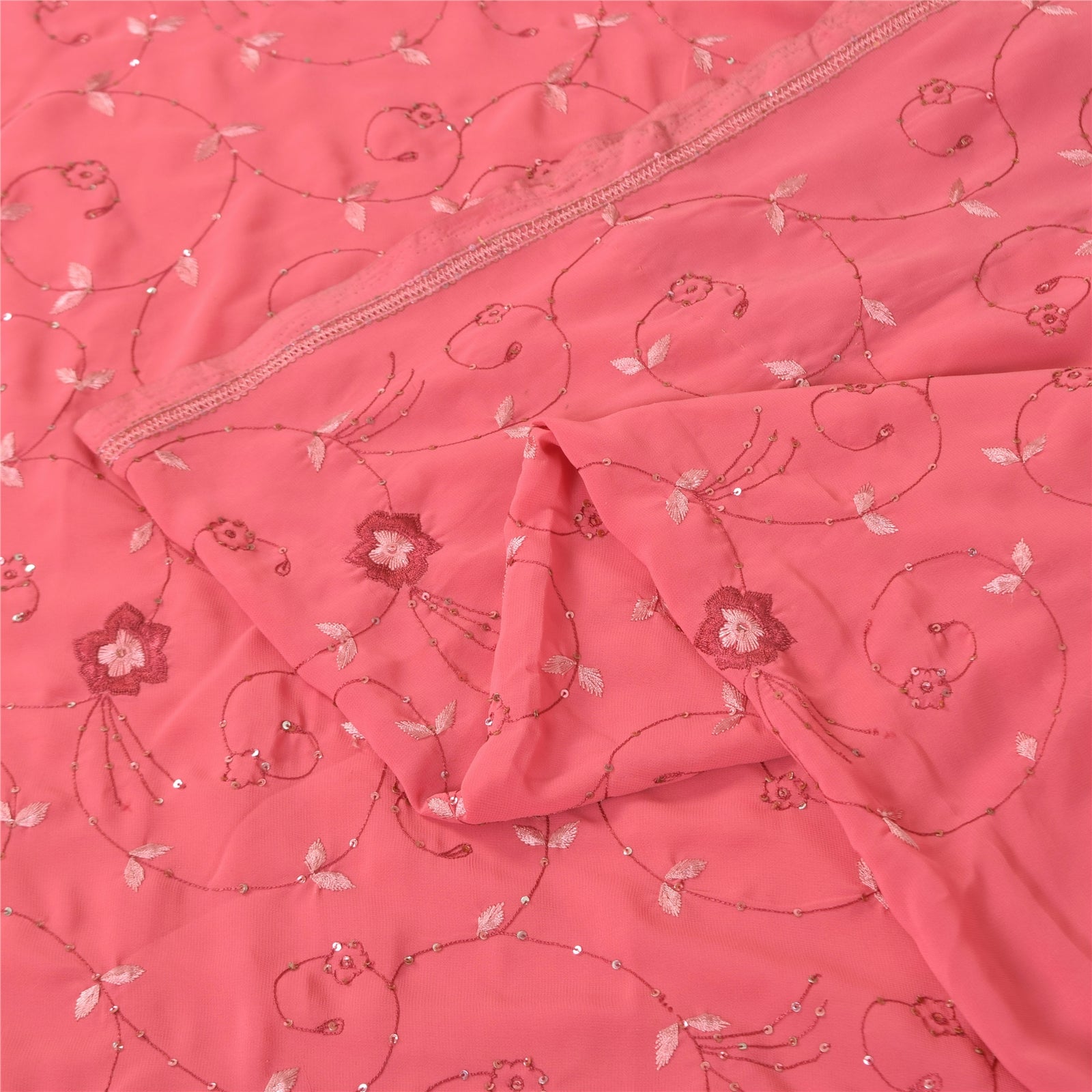Sanskriti Vintage Pink Sarees Georgette Hand Embroidered 6yrd Craft Fabric Sari