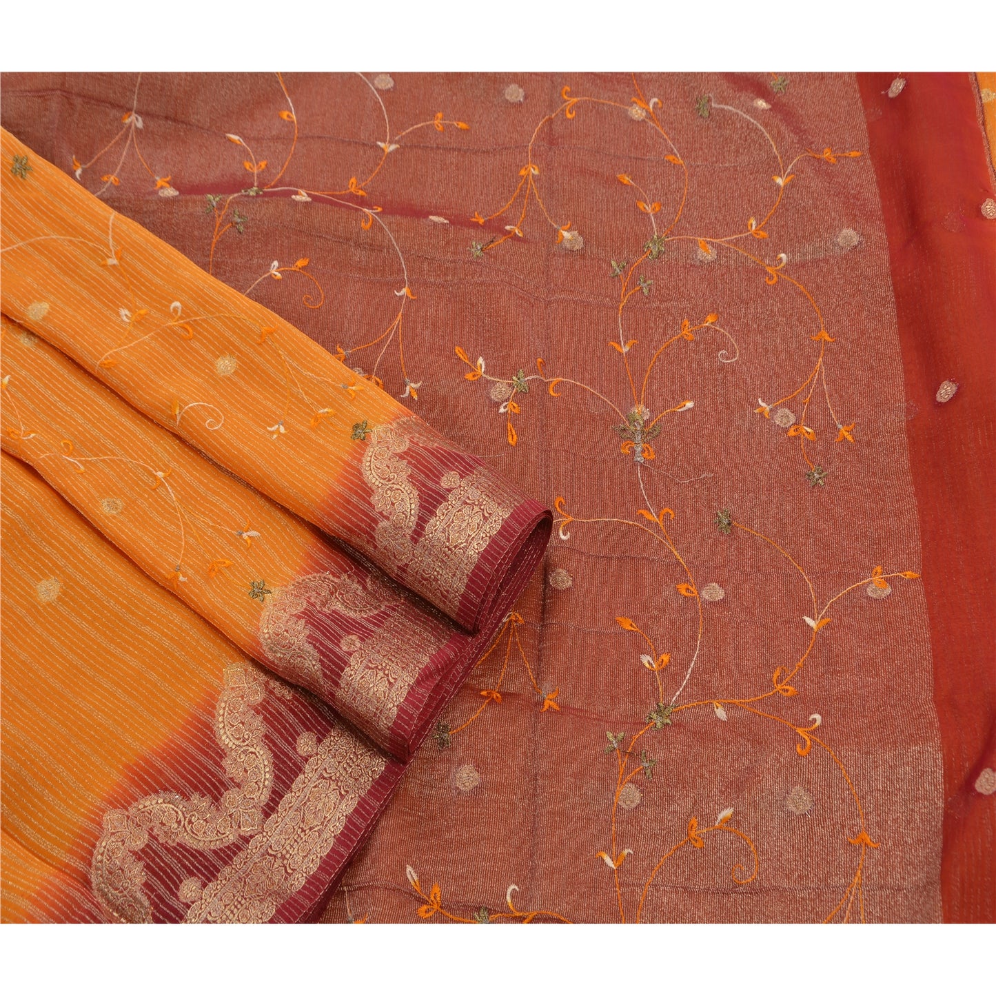 Sanskriti Vintage Saffron Sarees Georgette Embroidered Woven Craft Fabric Sari