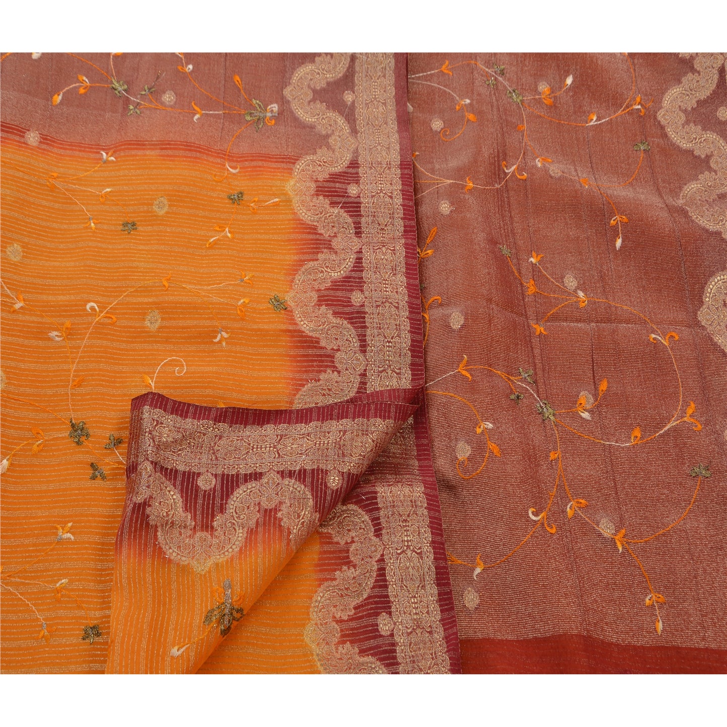 Sanskriti Vintage Saffron Sarees Georgette Embroidered Woven Craft Fabric Sari