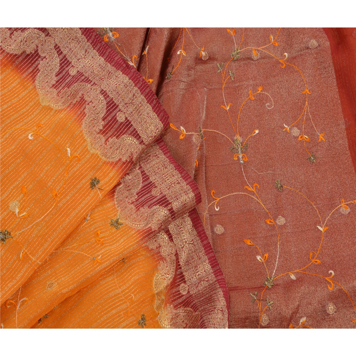 Sanskriti Vintage Saffron Sarees Georgette Embroidered Woven Craft Fabric Sari