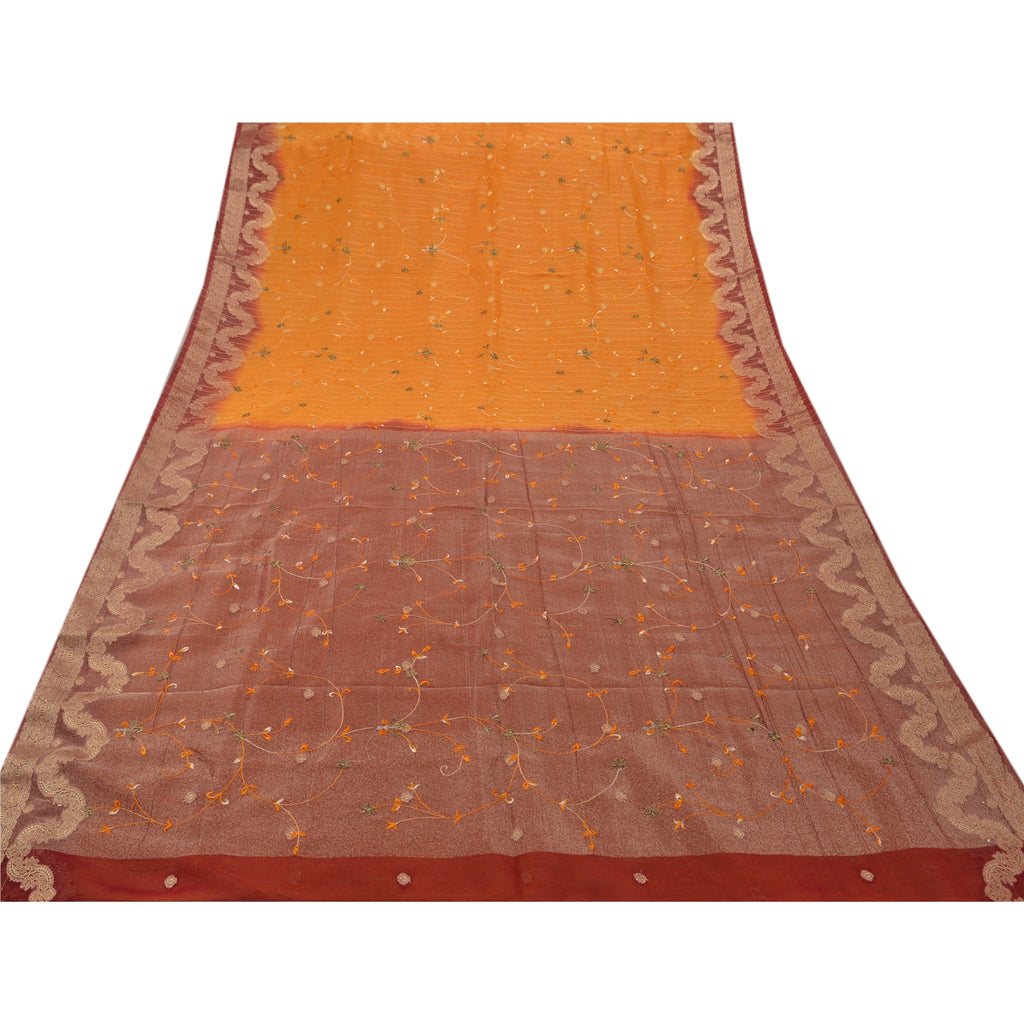 Sanskriti Vintage Saffron Sarees Georgette Embroidered Woven Craft Fabric Sari