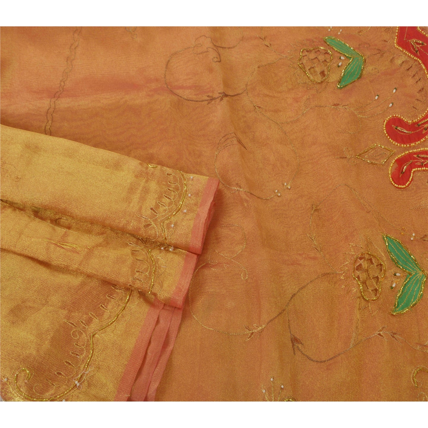 Sanskriti Vintage Golden Sarees Tissue Hand Beaded Craft Fabric Premium Sari