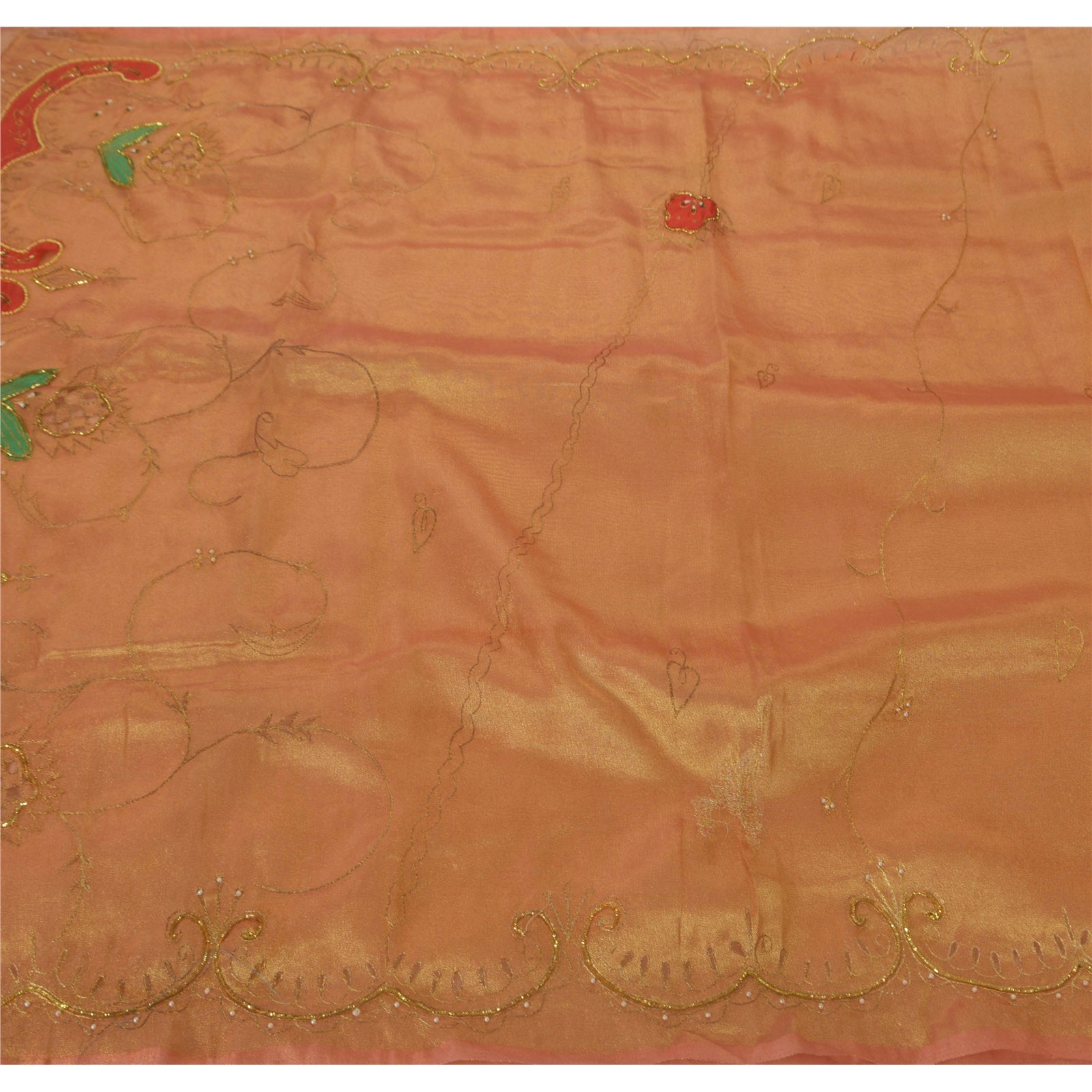 Sanskriti Vintage Golden Sarees Tissue Hand Beaded Craft Fabric Premium Sari