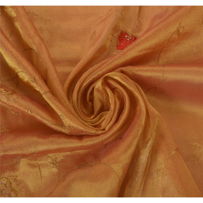 Sanskriti Vintage Golden Sarees Tissue Hand Beaded Craft Fabric Premium Sari