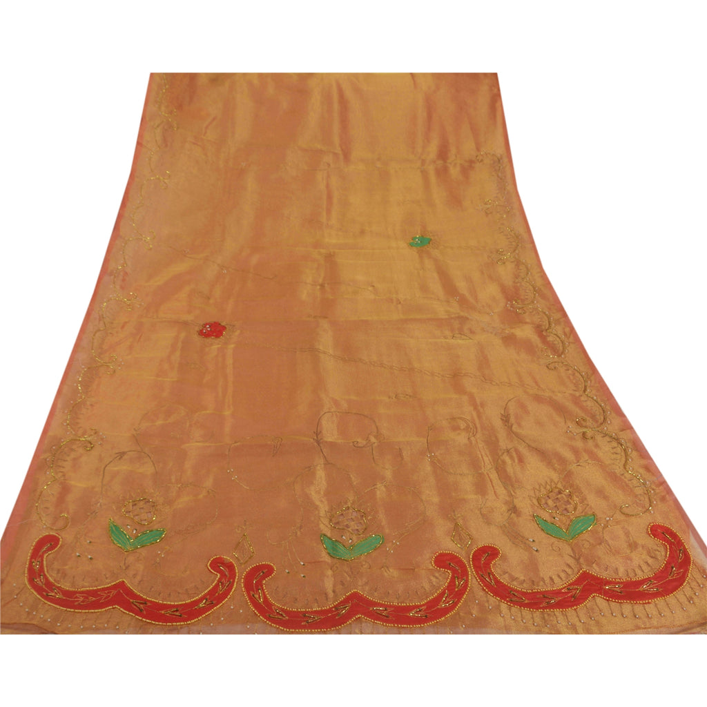 Sanskriti Vintage Golden Sarees Tissue Hand Beaded Craft Fabric Premium Sari