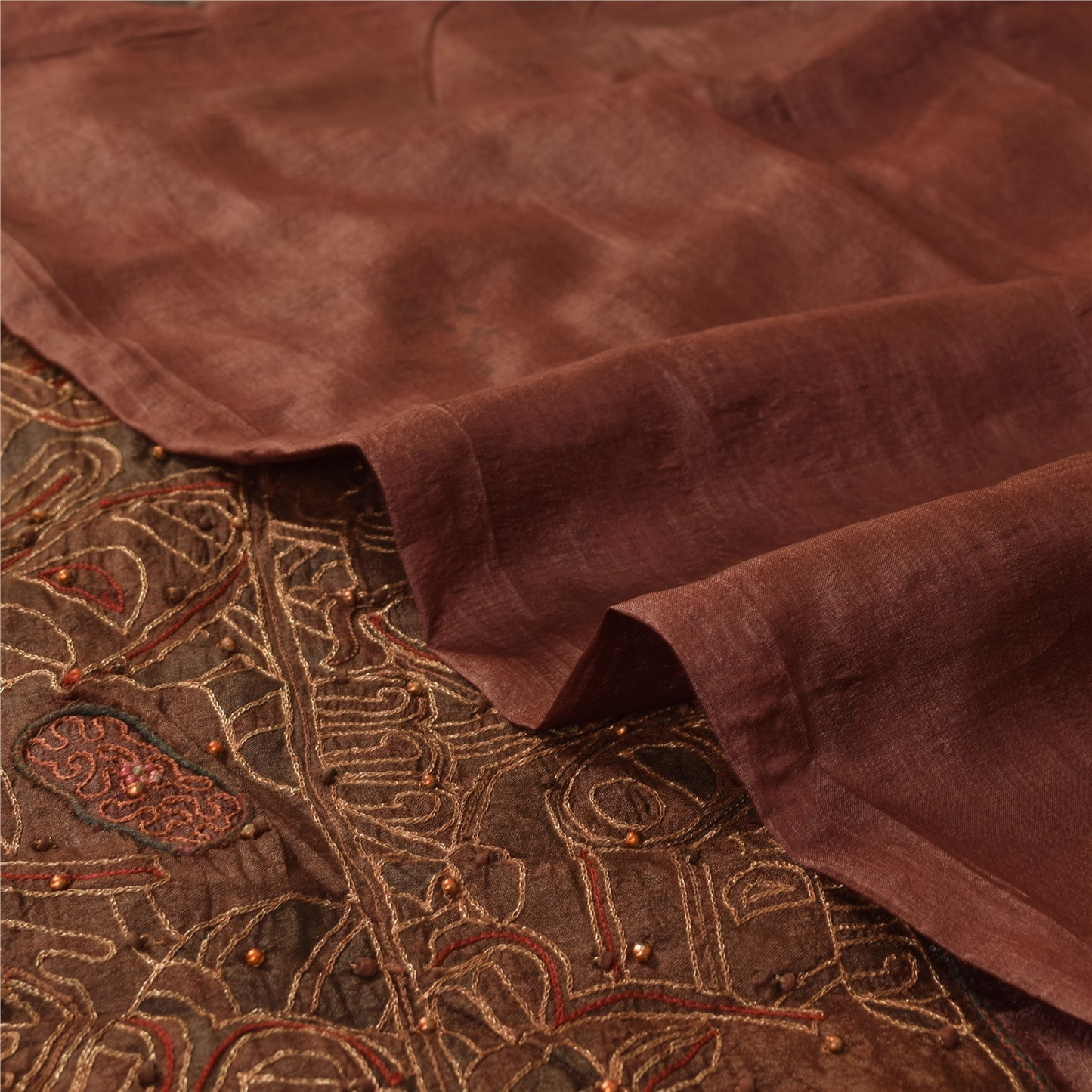 Sanskriti Vintage Dark Red Sarees Pure Silk Hand Beaded Ethnic Fabric Craft Sari