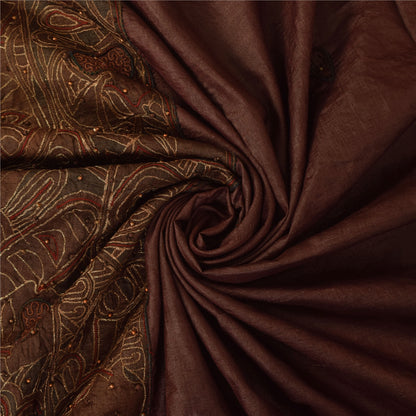 Sanskriti Vintage Dark Red Sarees Pure Silk Hand Beaded Ethnic Fabric Craft Sari